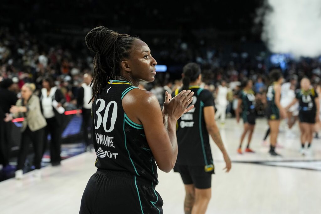 Los Angeles Sparks forward Nneka Ogwumike (30) looks outward following the end of an WNBA basketball game against the Las Vegas Aces at Michelob Ultra Arena.