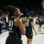 Los Angeles Sparks forward Nneka Ogwumike (30) looks outward following the end of an WNBA basketball game against the Las Vegas Aces at Michelob Ultra Arena.