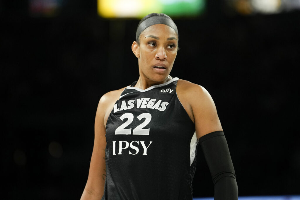 Las Vegas Aces center A'ja Wilson (22) competes during the first quarter of game one of the first round for the 2026 WNBA Playoffs against the Indiana Fever at Michelob Ultra Arena.
