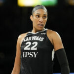 Las Vegas Aces center A'ja Wilson (22) competes during the first quarter of game one of the first round for the 2026 WNBA Playoffs against the Indiana Fever at Michelob Ultra Arena.