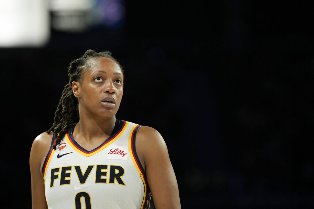 Indiana Fever guard Kelsey Mitchell (0) looks outward during the fourth quarter of game one of the first round for the 2026 WNBA Playoffs against the Las Vegas Aces at Michelob Ultra Arena.
