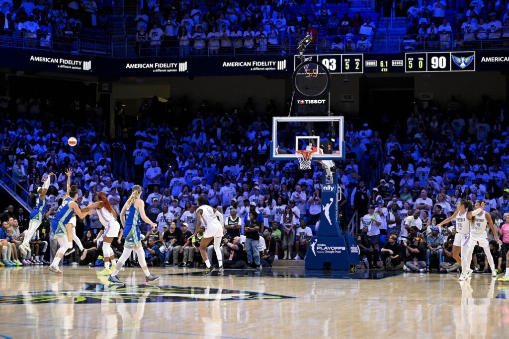 Dallas Wings guard Arike Ogunbowale (24) makes a three point shot to tie the game against the Golden State Valkyries during the second half during game two of the first round for the 2026 WNBA Playoffs at College Park Center.