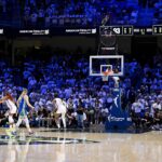 Dallas Wings guard Arike Ogunbowale (24) makes a three point shot to tie the game against the Golden State Valkyries during the second half during game two of the first round for the 2026 WNBA Playoffs at College Park Center.