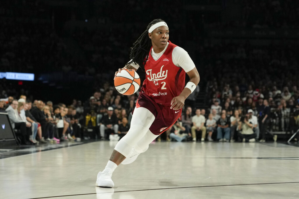 Indiana Fever forward Myisha Hines-Allen (2) dribbles the ball against the Las Vegas Aces during the second quarter of game three of the first round for the 2026 WNBA Playoffs.