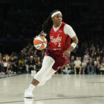 Indiana Fever forward Myisha Hines-Allen (2) dribbles the ball against the Las Vegas Aces during the second quarter of game three of the first round for the 2026 WNBA Playoffs.