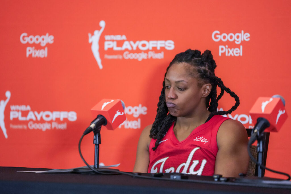 Indiana Fever guard Kelsey Mitchell (0) sits in the press conference Thursday, Oct. 1, 2026, after Game 3 of the first round of the WNBA Playoffs at Michelob ULTRA Arena in Las Vegas.