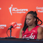 Indiana Fever guard Kelsey Mitchell (0) sits in the press conference Thursday, Oct. 1, 2026, after Game 3 of the first round of the WNBA Playoffs at Michelob ULTRA Arena in Las Vegas.