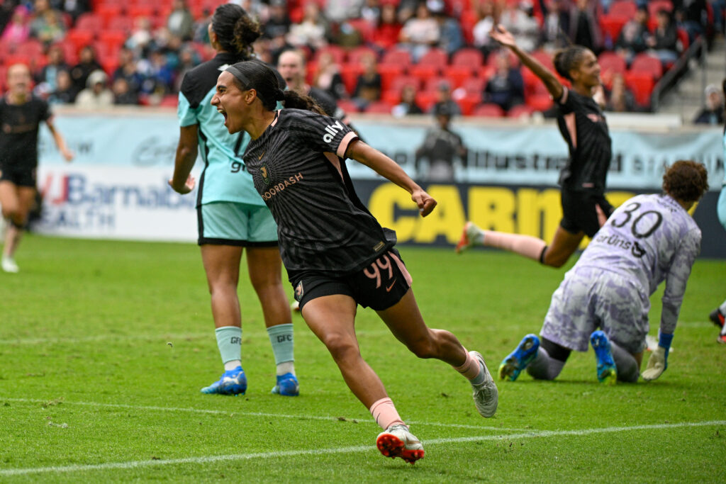 Angel City FC midfielder Taylor Suarez (99) celebrates her goal during the second half against the Gotham FC at Sports Illustrated Stadium.