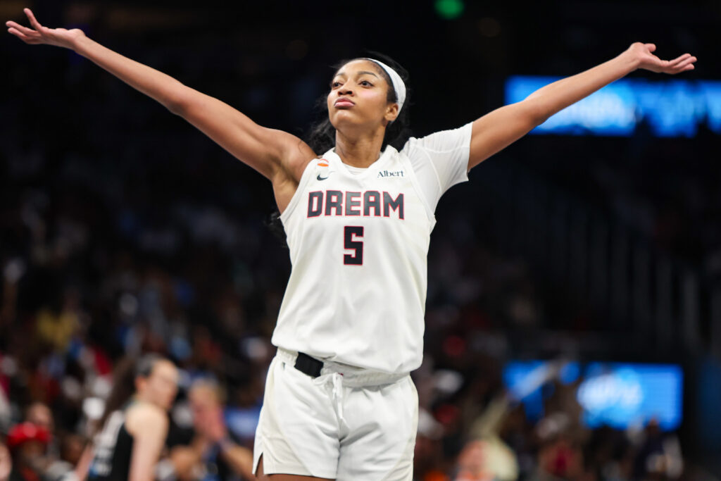 Atlanta Dream forward Angel Reese (5) reacts after a basket against the New York Liberty.
