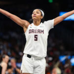 Atlanta Dream forward Angel Reese (5) reacts after a basket against the New York Liberty.