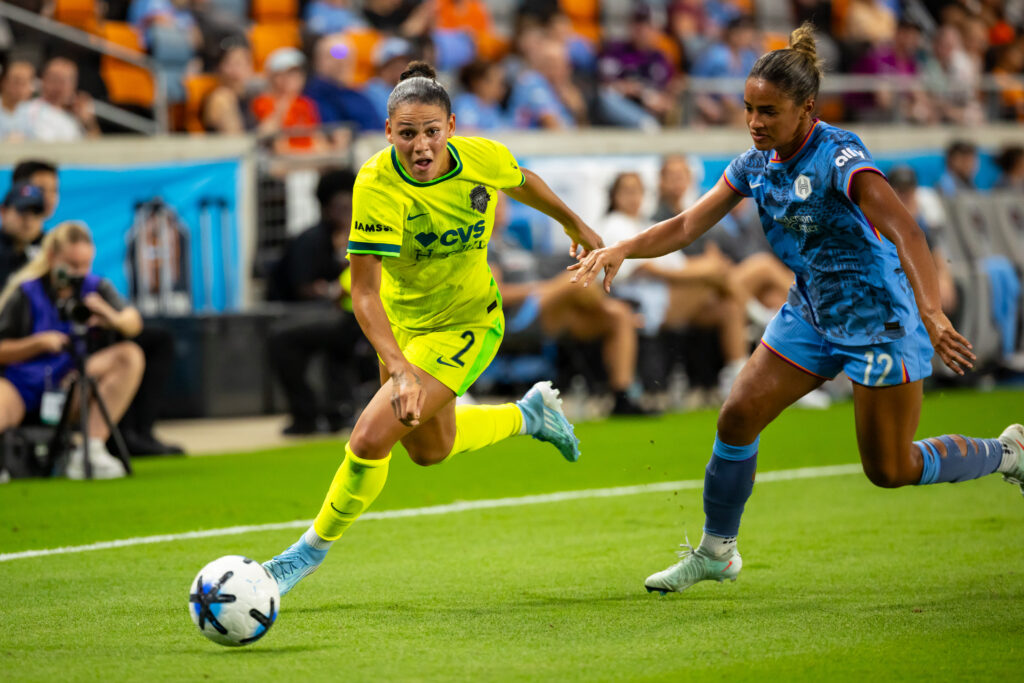 Washington Spirit forward Trinity Rodman (2) advances the ball during the first half of a game against the Houston Dash at Shell Energy Stadium.