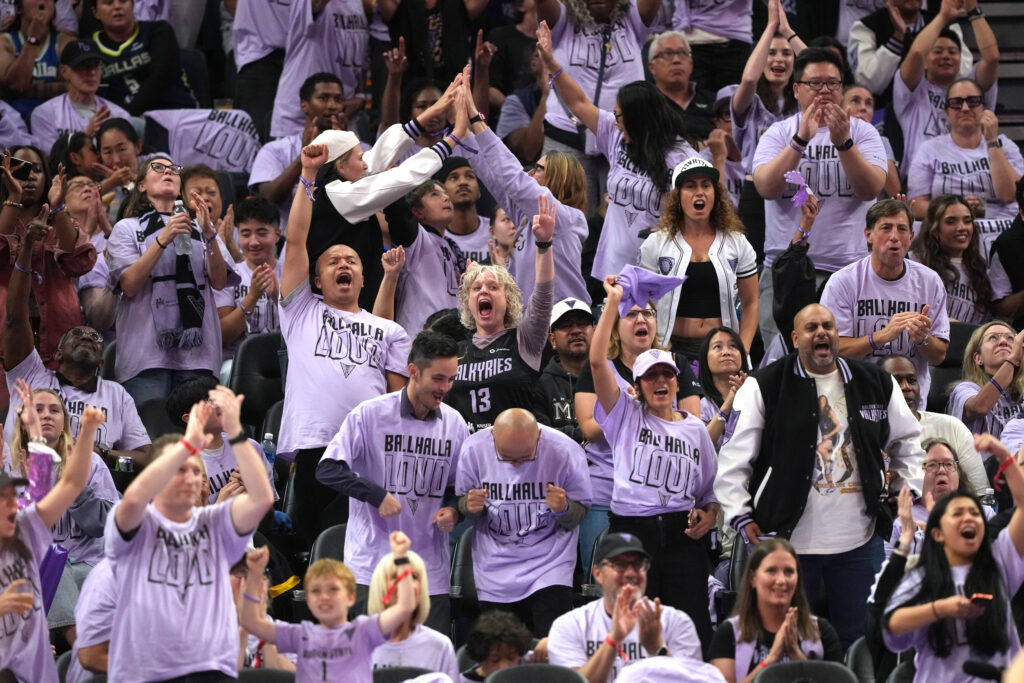 Golden State Valkyries fans cheer after a three-point basket by forward Gabby Williams (not shown) against the Dallas Wings during the third quarter of game three of the first round for the 2026 WNBA Playoffs at Chase Center.