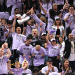 Golden State Valkyries fans cheer after a three-point basket by forward Gabby Williams (not shown) against the Dallas Wings during the third quarter of game three of the first round for the 2026 WNBA Playoffs at Chase Center.