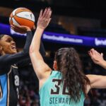 Atlanta Dream forward DeWanna Bonner (24) attempts a shot against New York Liberty forward Breanna Stewart (30) during the first quarter during game two of the second round for the 2026 WNBA Playoffs at State Farm Arena.