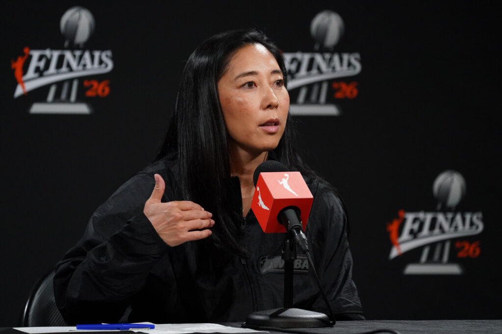 Golden State Valkyries head coach Natalie Nakase addresses the media during the pre-game press conference before game two of the 2026 WNBA Finals at Chase Center.