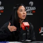 Golden State Valkyries head coach Natalie Nakase addresses the media during the pre-game press conference before game two of the 2026 WNBA Finals at Chase Center.