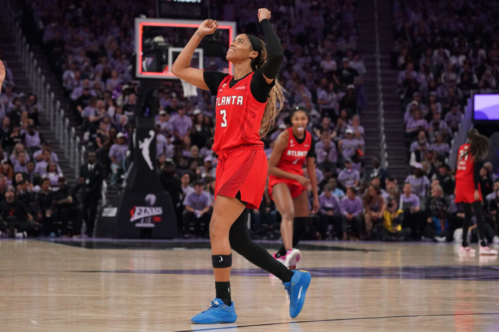 Atlanta Dream guard Jordin Canada (3) reacts after making a three-point shots against the Golden State Valkyries at the end of the third quarter of game two of the 2026 WNBA Finals at Chase Center.