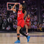 Atlanta Dream guard Jordin Canada (3) reacts after making a three-point shots against the Golden State Valkyries at the end of the third quarter of game two of the 2026 WNBA Finals at Chase Center.