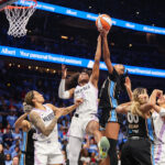 Oct 21, 2026; Atlanta, Georgia, USA; Golden State Valkyries guard Kaila Charles (6) and Atlanta Dream forward Angel Reese (5) reach for a rebound in the fourth quarter during game three of the 2026 WNBA Finals at State Farm Arena.