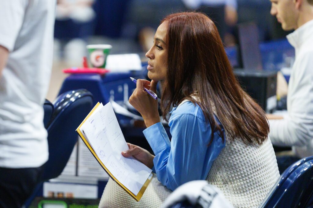 Skylar Diggins, a special advisor to Notre Dame women's basketball, looks on during an exhibition game against Truman State at Purcell Pavilion on Monday, Oct. 26, 2026, in South Bend.