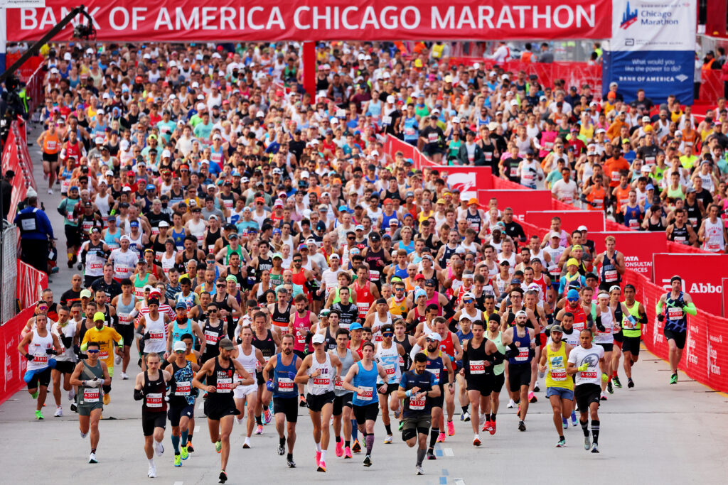 A general view of the start line as runners compete in the 2023 Chicago Marathon at Grant Park on October 08, 2023 in Chicago, Illinois.