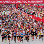 A general view of the start line as runners compete in the 2023 Chicago Marathon at Grant Park on October 08, 2023 in Chicago, Illinois.