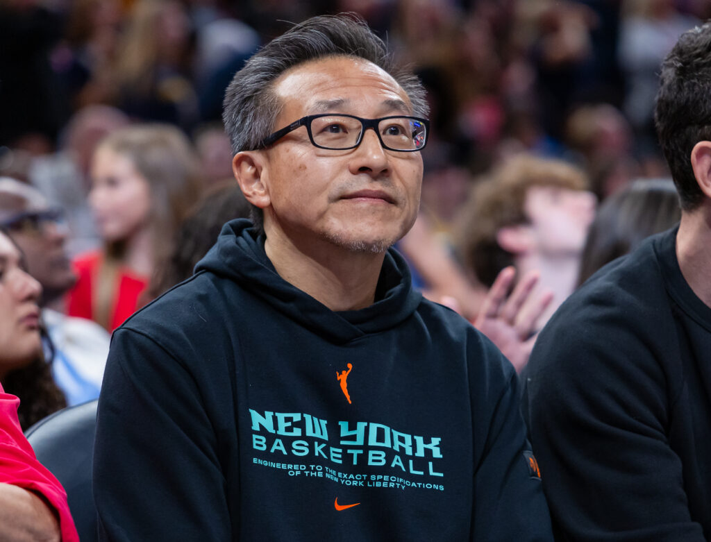 Owner Joe Tsai of the New York Liberty watches the game against the Indiana Fever at Gainbridge Fieldhouse.