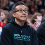 Owner Joe Tsai of the New York Liberty watches the game against the Indiana Fever at Gainbridge Fieldhouse.