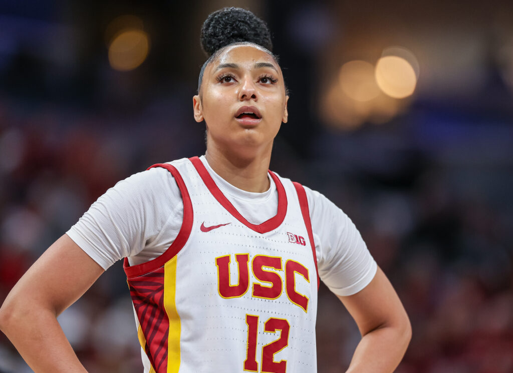 JuJu Watkins #12 of the USC Trojans looks on during the game against the Indiana Hoosiers in the Big Ten Women's Basketball Tournament quarterfinals at Gainbridge Fieldhouse.