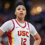 JuJu Watkins #12 of the USC Trojans looks on during the game against the Indiana Hoosiers in the Big Ten Women's Basketball Tournament quarterfinals at Gainbridge Fieldhouse.