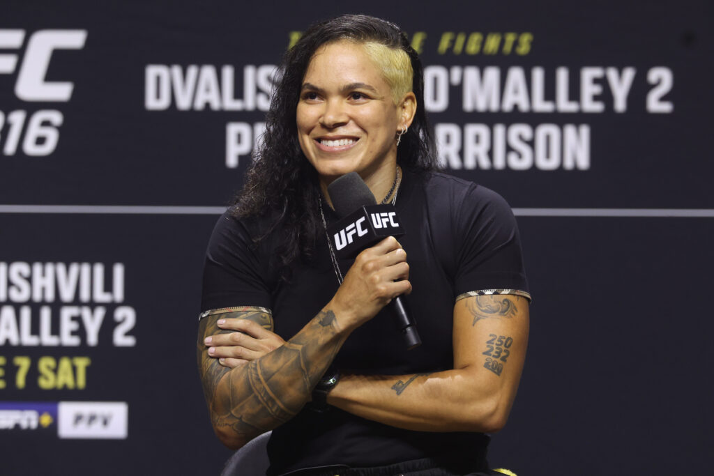 Amanda Nunes is seen on stage during a Q&A session prior to the UFC 316 ceremonial weigh-in at Prudential Center.