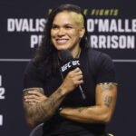 Amanda Nunes is seen on stage during a Q&A session prior to the UFC 316 ceremonial weigh-in at Prudential Center.