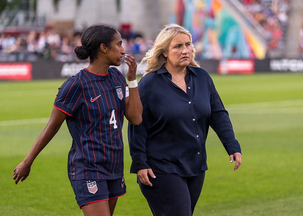 Naomi Girma #4 talks with Emma Hayes of the United States during a game between Ireland and the USWNT at Dick's Sporting Goods Park on June 26, 2025 in Commerce City, Colorado.