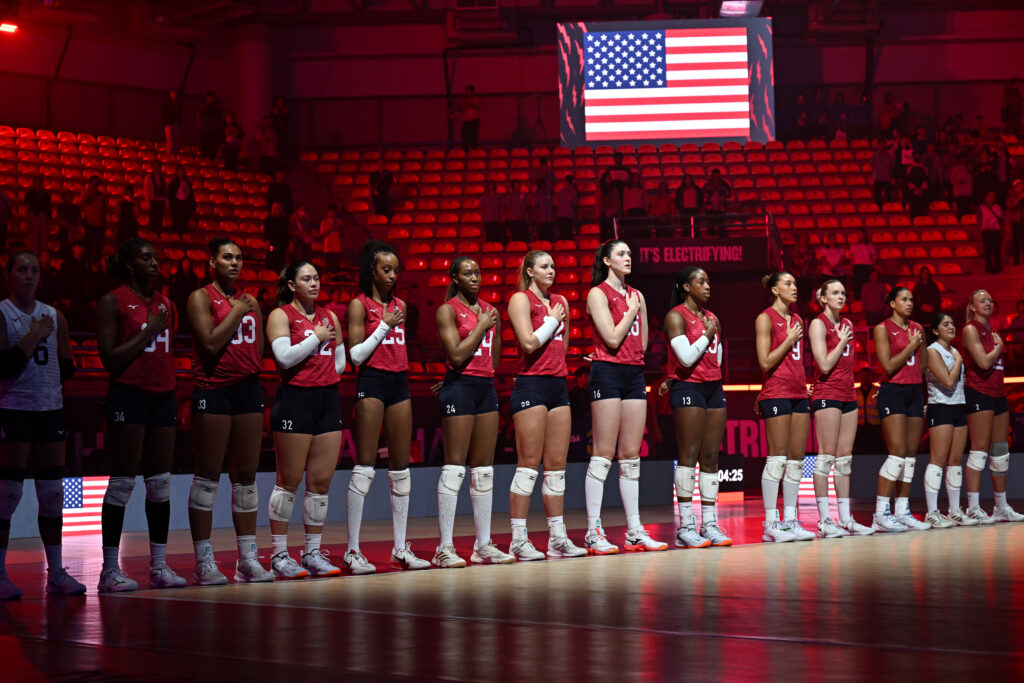 Players of USA are seen ahead of FIVB Women's Volleyball World Championship volleyball match between USA and Slovenia.