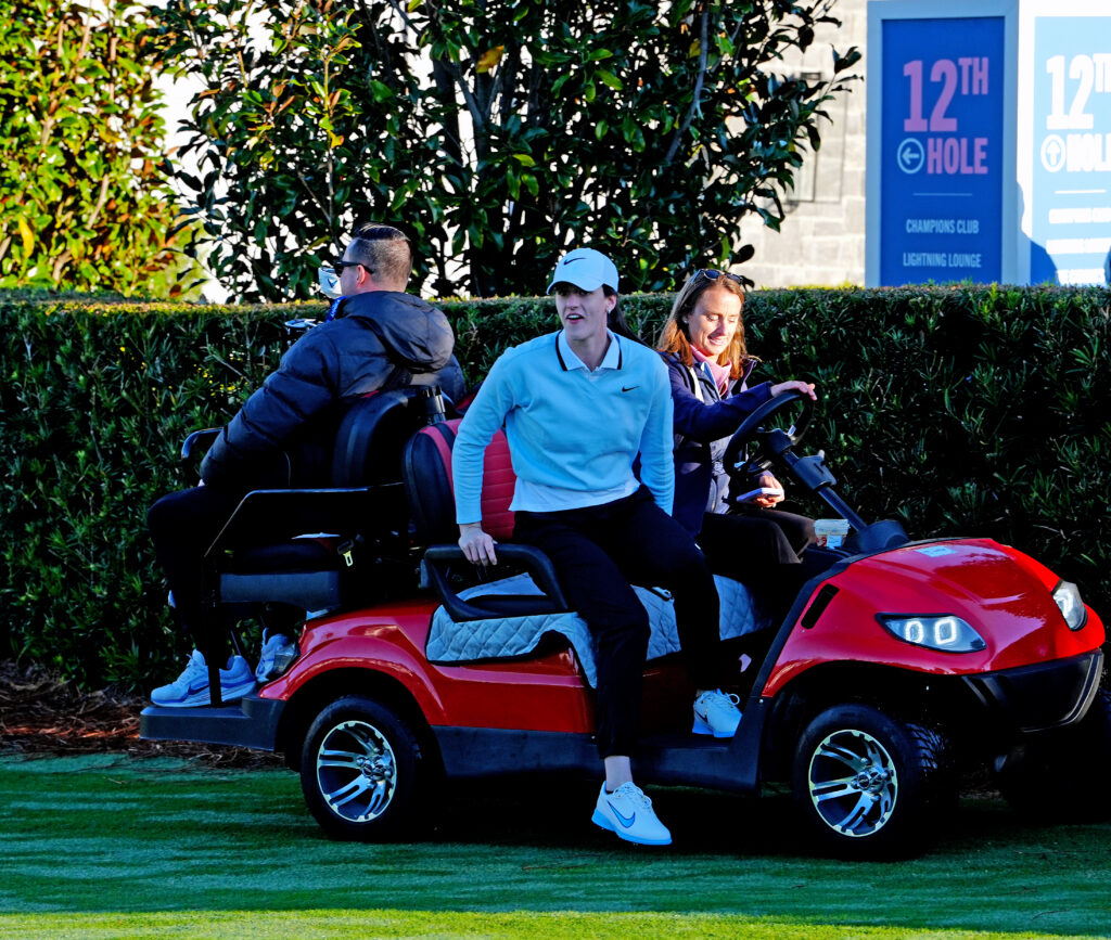 BELLEAIR, FL - NOVEMBER 12: Indiana Fever guard Caitlin Clark arrives the morning of the Pro Am for The Annika driven by Gainbridge at Pelican on November 12, 2025, at the Pelican Golf Club in Belleair, Florida.