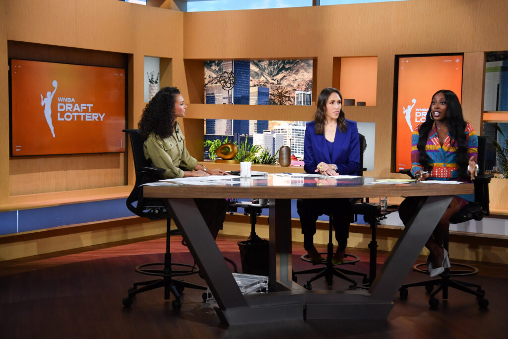 ESPN hosts Malika Andrews, Rebecca Lobo, and Chiney Ogwumike talk during the 2026 WNBA draft lottery on November 23, 2025 at the ESPN studios in Los Angeles, California.