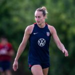 Jaelin Howell of the United States looks to the ball during USWNT training at the training fields on November 25, 2025 in Championsgate, Florida.