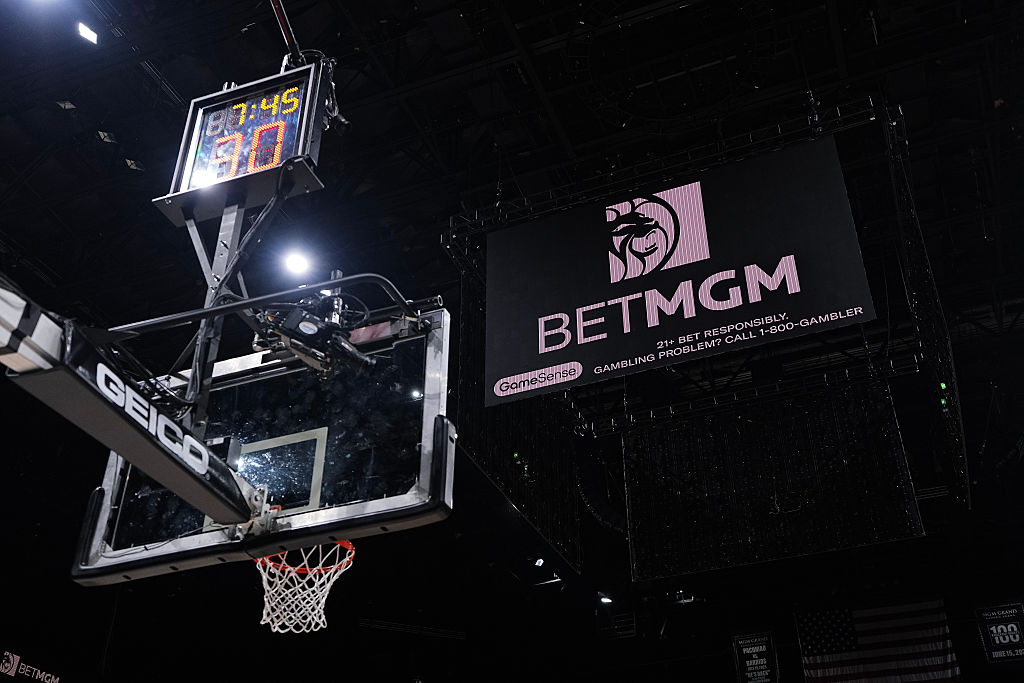 A view of the scoreboard is seen during the 2025 Players Era Tournament game at MGM Grand Garden Arena on November 25, 2025 in Las Vegas, Nevada.