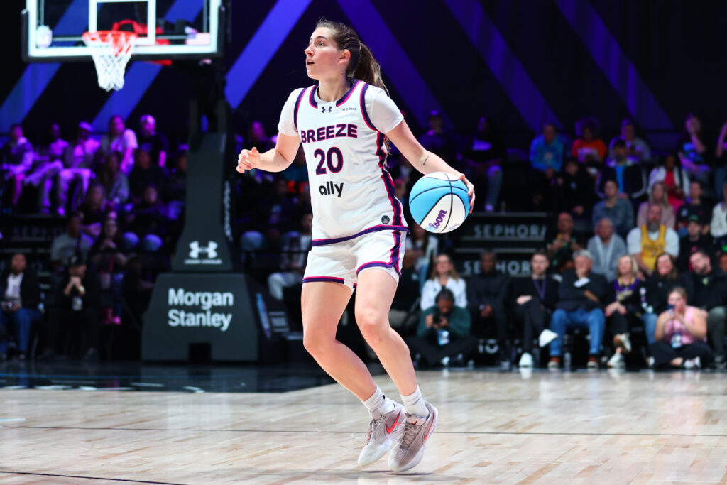Kate Martin #20 of the Breeze dribbles the ball against the Hive during the second quarter of the Unrivaled 2026 game at Sephora Arena.