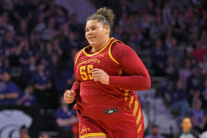 Audi Crooks #55 of the Iowa State Cyclones runs down court after scoring a basket against the Iowa State Cyclones in the second half at Bramlage Coliseum.