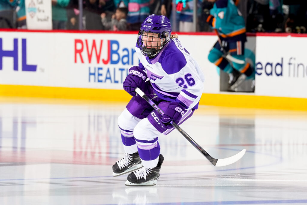 Kendall Coyne Schofield #26 of the Minnesota Frost skates during warm-up prior to the game against the New York Sirens on April 1, 2026 at the Prudential Center in Newark, New Jersey.