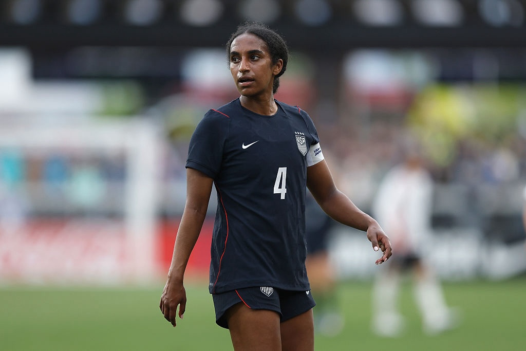 Naomi Girma #4 of the United States looks on in the second half against Japan at PayPal Park on April 11, 2026 in San Jose, California.