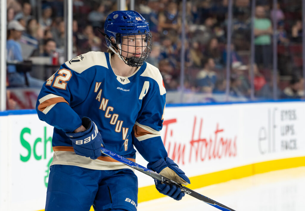 Claire Thompson #42 of the Vancouver Goldeneyes looks on during the third period of their PWHL game against the Minnesota Frost at Pacific Coliseum on April 25, 2026 in Vancouver, Canada.