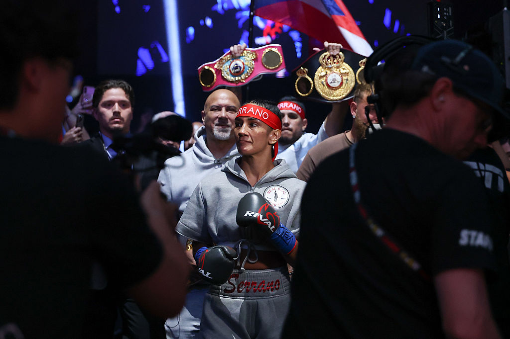 Amanda Serrano walks to the ring for her unified featherweight championship bout at El Paso County Coliseum on May 30, 2026 in El Paso, Texas.