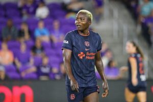 Racheal Kundananji #9 of the Bay FC watches play against Orlando Pride at Inter&Co Stadium on May 29, 2026 in Orlando, United States.