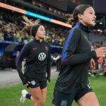 Sophia Wilson of United States enters the pitch to warm up prior to the international friendly match between Brazil and United States at Neo Quimica Arena.