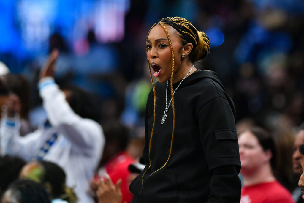 Atlanta owner Renee Montgomery reacts on the sideline during the WNBA game between the Toronto Tempo and the Atlanta Dream.