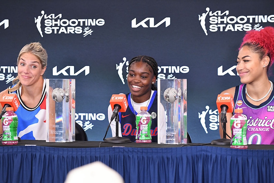 Jezelle "GG" Banks smiles during a press conference after winning the AT&T WNBA All-Star 2026 - Kia WNBA Skills Challenge on July 24, 2026 at Wintrust Arena in Chicago, IL.