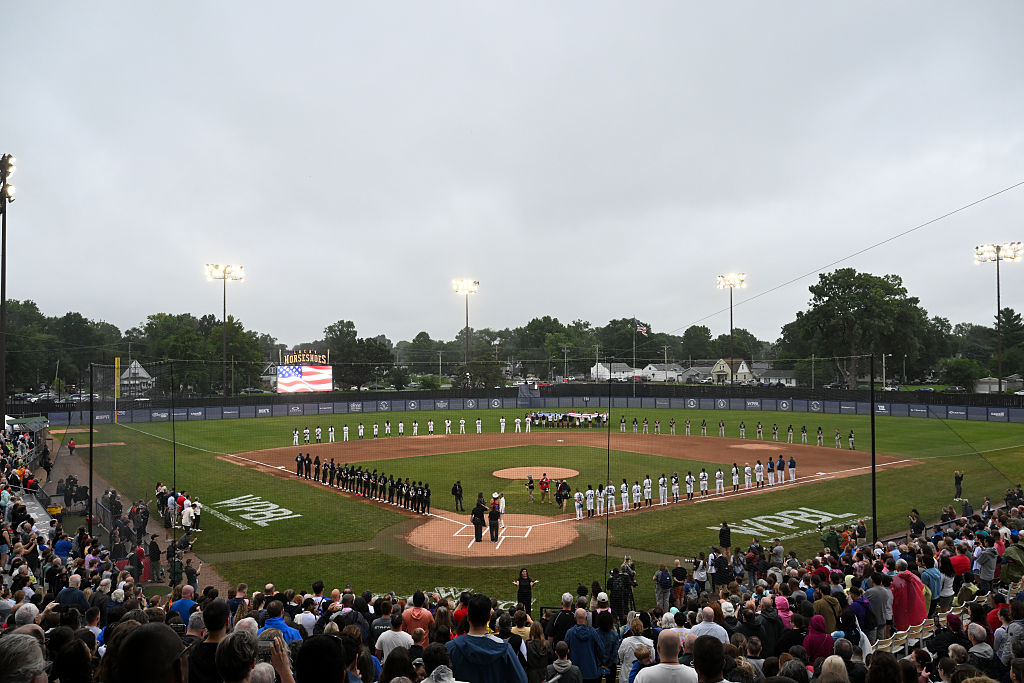 A view of the stadium during the National Anthem prior to the Women’s Pro Baseball League Opening Day game between the Los Angeles Queens and the New York Heights at Robin Roberts Field on August 01, 2026 in Springfield, Illinois.
