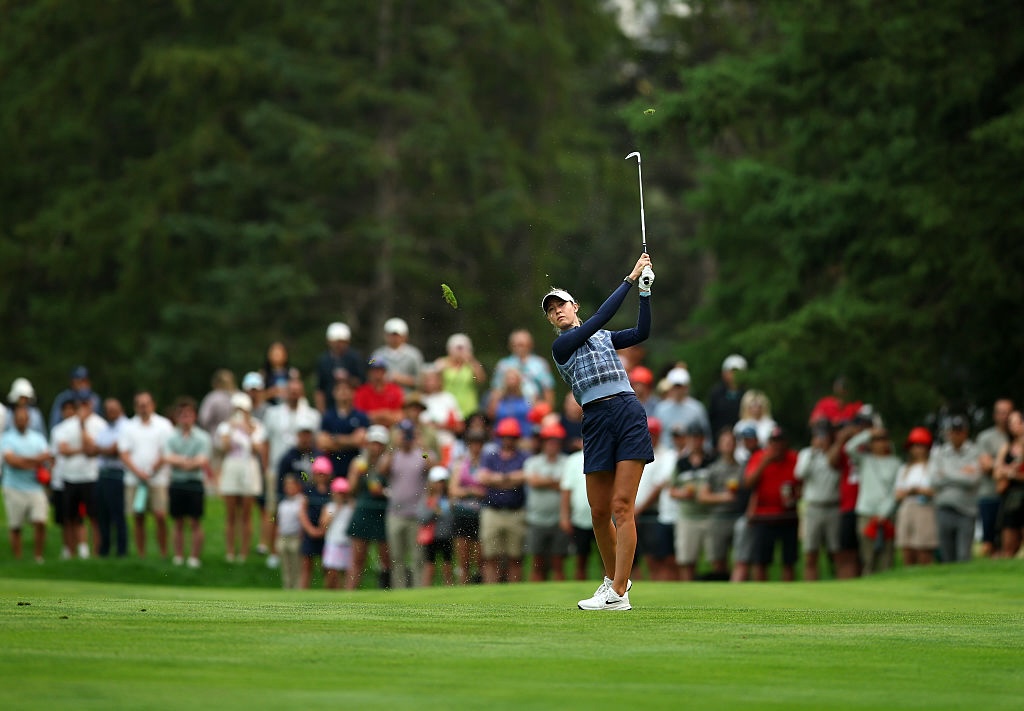 Nelly Korda of the United States hits her second shot from the 3rd fairway during the third round of the CPKC Women's Open 2026 at Royal Mayfair Golf Club.